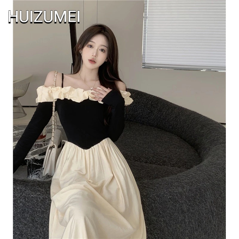 HUIZUMEI Đầm Tay Dài Hở Vai Chiết Eo Kiểu Pháp Thanh Lịch Cho Nữ