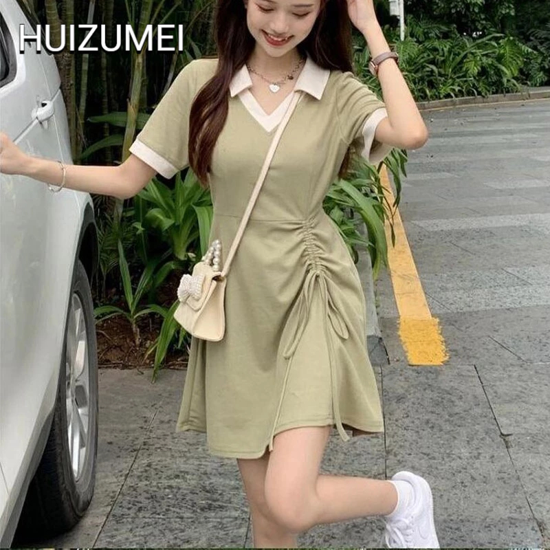 HUIZUMEI Đầm Thun Dáng Ôm Cổ polo Màu Xanh Lá Phối Dây Rút Thời Trang Thường Ngày Cho Nữ