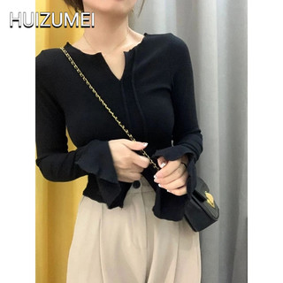 Huizumei áo thun croptop tay dài cổ chữ v xẻ tà thời trang thu đông cho nữ