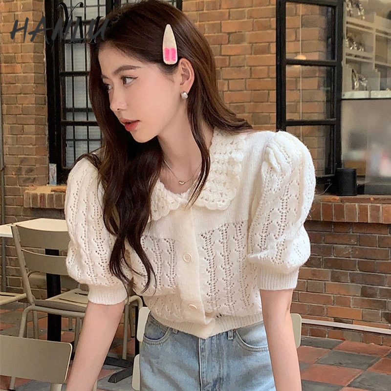 HANLU Áo polo Dệt Kim Tay Ngắn Màu Trơn Dáng Ôm Phong Cách Hàn Quốc Thời Trang Cho Nữ
