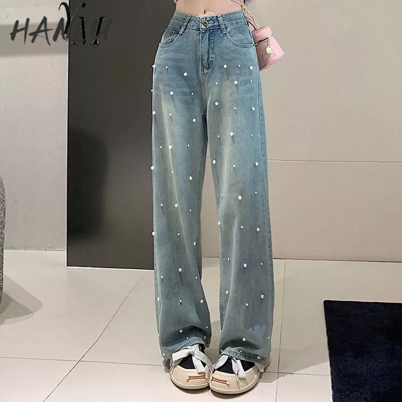 Quần denim HANLU ống rộng cạp cao đính ngọc trai công nghiệp nặng phong cách Hàn Quốc cho nữ