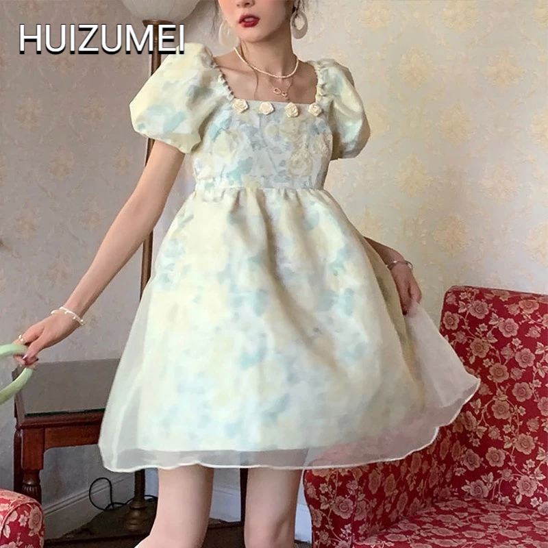 HUIZUMEI Đầm Công Chúa Ngắn Cổ Vuông Tay Phồng In Hoa Kiểu Công Chúa Dễ Thương Cho Nữ