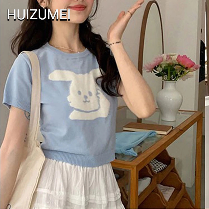 HUIZUMEI Áo Dệt Kim Ngắn Tay Thiết Kế Thỏ Bông Phong Cách Hàn Quốc Mới Cho Nữ