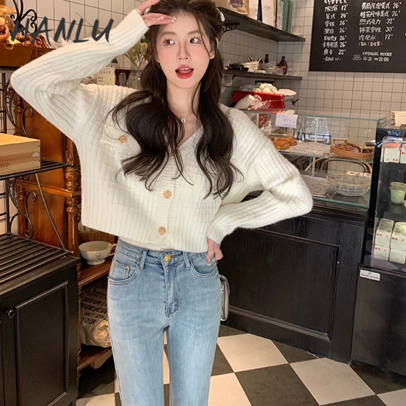 HANLU Áo Khoác Cardigan Dệt Kim Cổ Chữ V Dáng Ngắn Màu Trắng Thời Trang Cho Nữ