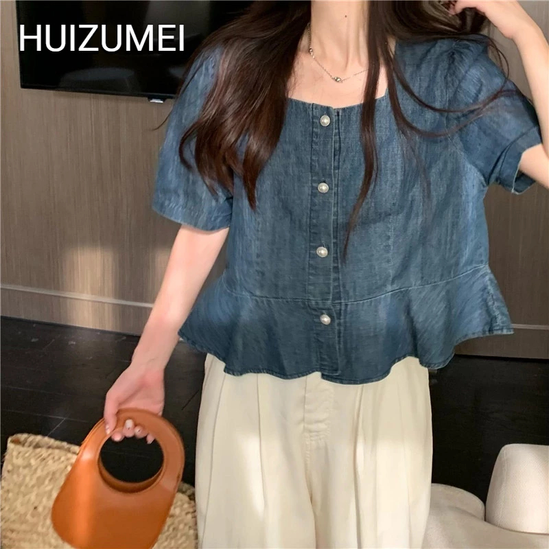 HUIZUMEI Áo Sơ Mi denim Tay Ngắn Dáng Rộng Kiểu Hàn Quốc Thiết Kế Ngọt Ngào Cho Nữ