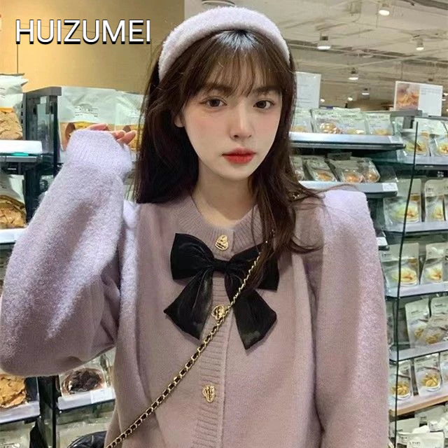 HUIZUMEI Áo Khoác cardigan Dệt Kim Đính Nơ Màu Tím Ngọt Ngào Phong Cách Nhật Bản Cho Nữ
