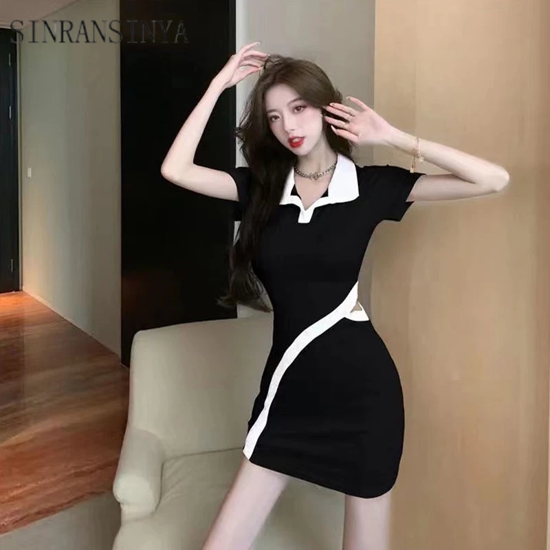 SINRANSINYA Đầm Ngắn Ôm Eo Cổ POLO Hở Eo Quyến Rũ Cho Nữ