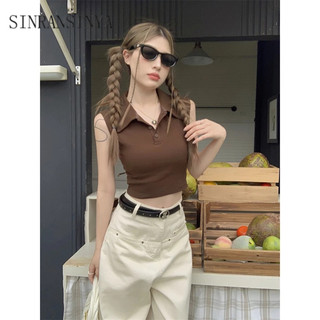Áo croptop SINRANSINYA sát nách cổ polo cài nút phong cách vintage cho nữ