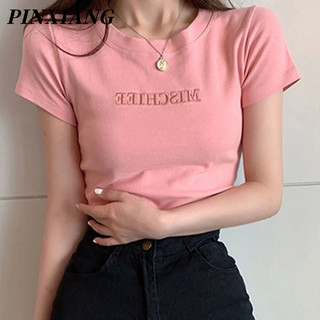 PINXIANG Áo Thun Ngắn Tay Thêu Chữ Đơn Giản Thời Trang Cho Nữ