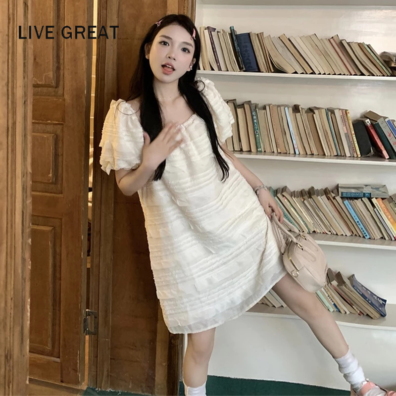 LIVE GREAT Đầm Cổ Vuông Tay Phồng Phối Ren Ngọt Ngào Thời Trang Mùa Hè Hàng Mới Dành Cho Bạn Nữ