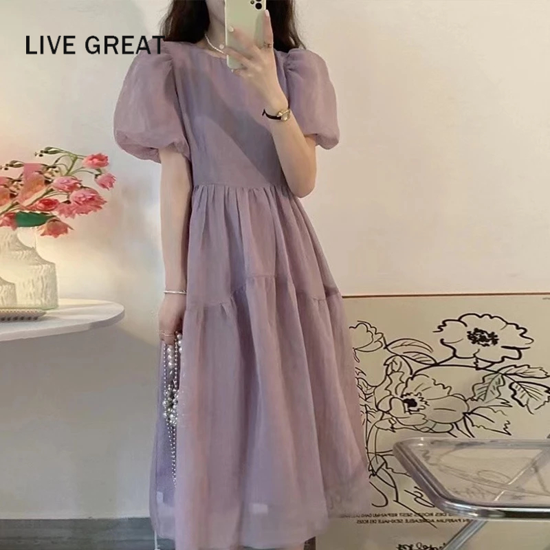 LIVE GREAT Đầm chiffon Tay Ngắn Màu Trơn Phong Cách Hàn Quốc Thời Trang Cho Nữ