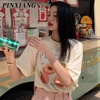 PINXIANG Áo Thun Tay Ngắn Cổ Tròn Dáng Rộng In Họa Tiết Thời Trang Mùa Hè Phong Cách Nhật Hàn Cho Nữ