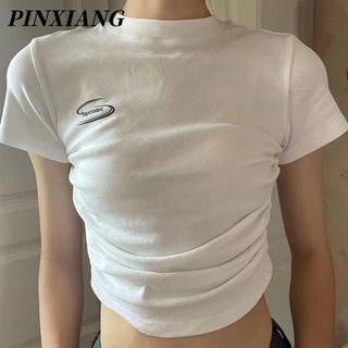 PINXIANG  Áo Thun Tay Ngắn Màu Trắng Trơn Phong Cách Trẻ Trung Cho Nữ