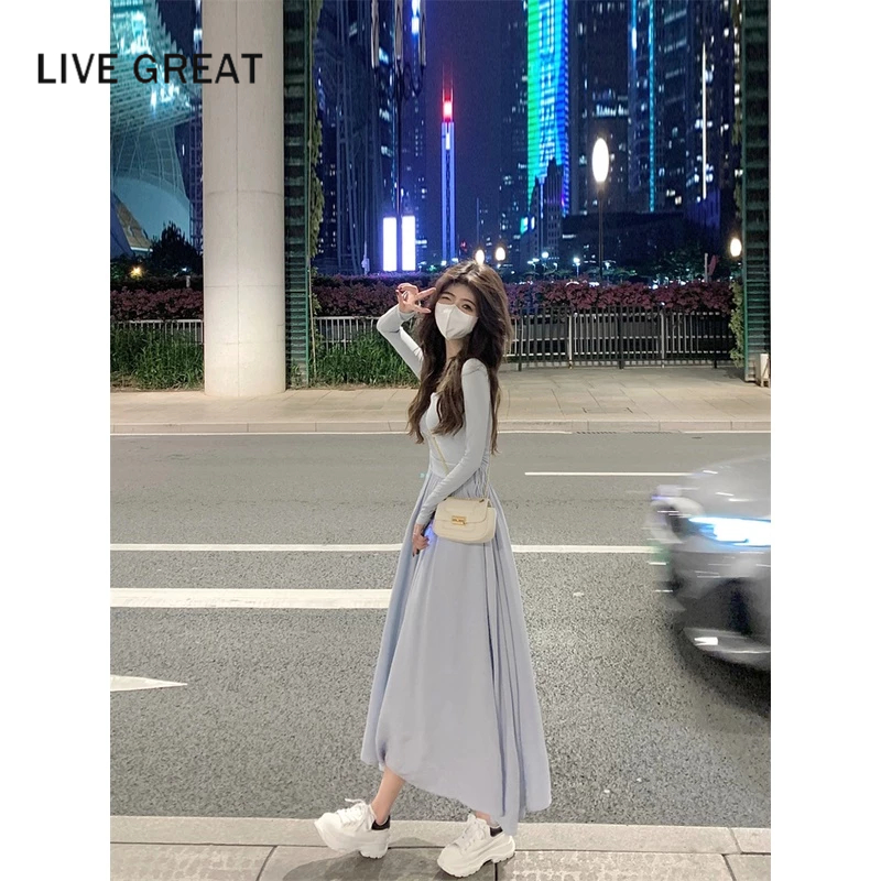 LIVE GREAT Đầm Dài Tay Cổ Vuông Dáng Chữ A Thiết Kế Mỏng Xinh Xắn Thời Trang Dành Cho Nữ