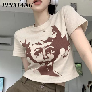 PINXIANG Áo Thun Tay Ngắn Cổ Tròn In Họa Tiết  Phong Cách Mỹ Cổ Điển Thời Trang Cho Nữ