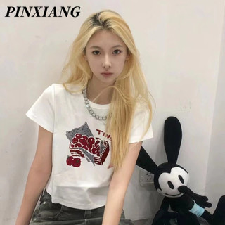 PINXIANG Áo Thun Lửng Ngắn Tay Thời Trang Dành Cho Nữ