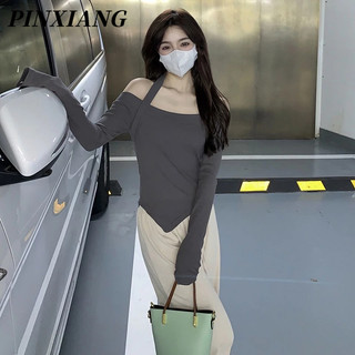 PINXIANG  Quần Legging Dài Tay Một Bên Vai Ôm Dáng Màu Trơn Thiết Kế Đơn Giản