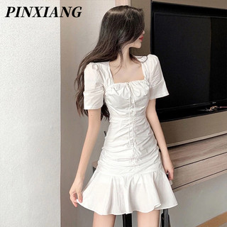 PINXIANG  Đầm Trắng Đuôi Cá Cổ Vuông Xếp Nếp Eo Thon Phong Cách Pháp