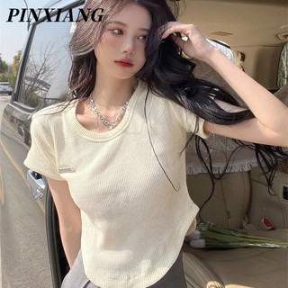 PINXIANG Áo Thun Ngắn Tay Lệch Tà Phong Cách Mới Cho Nữ