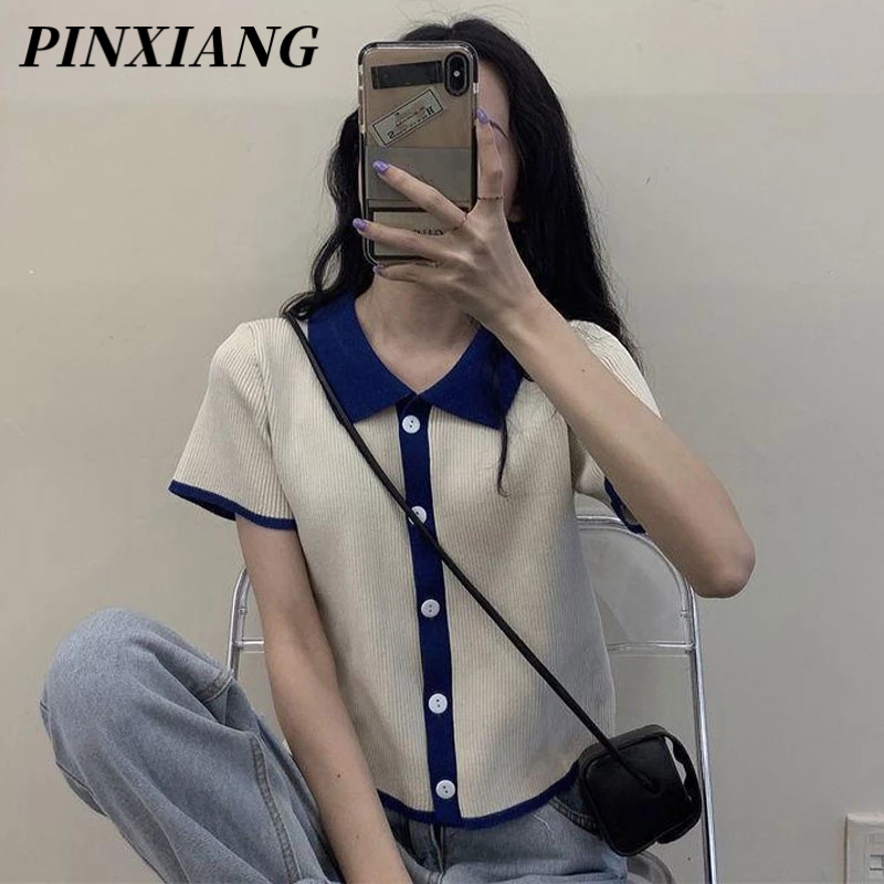 PINXIANG Áo Thun Lụa Dệt Kim Tay Ngắn Phong Cách Thời Trang Mới Dành Cho Nữ