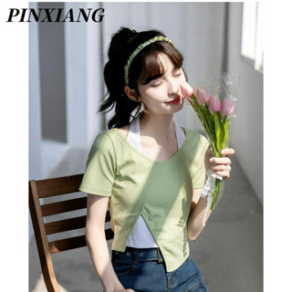 PINXIANG Set Áo Thun Không Tay + Chân Váy Màu Tương Phản Phong Cách Mới Cho Nữ