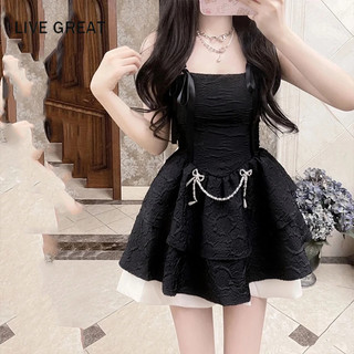 LIVE GREAT Đầm tutu Hai Dây Màu Đen Thắt Nơ Eo Phong Cách Thời Trang Pháp Dành Cho Nữ