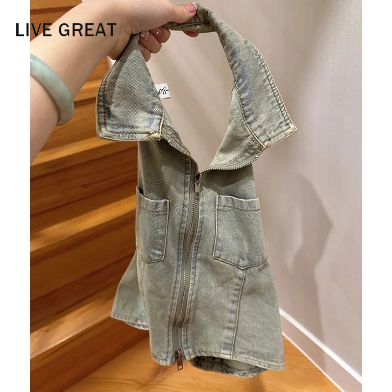 LIVE GREAT Áo Yếm denim Ngắn Hai Dây Phối Khóa Kéo Đôi Cá Tính Thiết Kế Hot girl sense niche