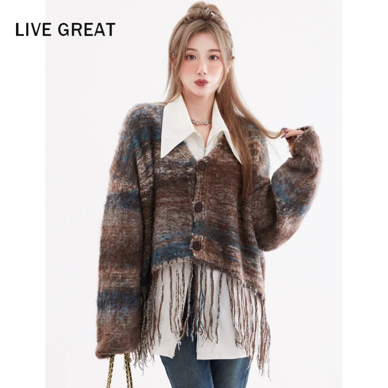 LIVE GREAT Áo Khoác Cardigan Dệt Kim Cổ Chữ V Phối Tua Rua Phong Cách Hàn Quốc