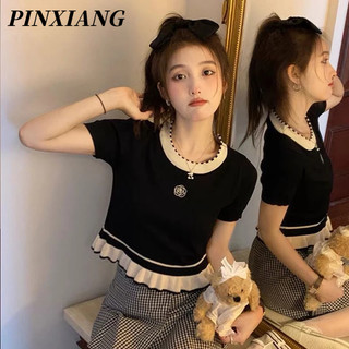 PINXIANG  Áo Dệt Kim Ngắn Tay Thời Trang Cao Cấp Sang Trọng Cá Tính Cho Nữ