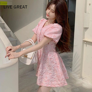 LIVE GREAT Đầm Tay Phồng Cổ Chữ V Thời Trang Pháp Dập Nổi Độc Đáo Cho Nữ
