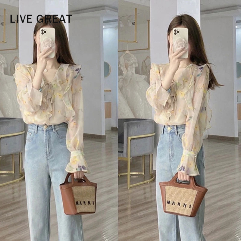 LIVE GREAT Áo Sơ Mi chiffon Tay Dài Chống Nắng In Họa Tiết Hoa Phong Cách Pháp Thời Trang Mùa Hè Cho Nữ