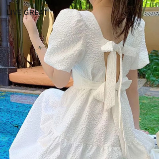 LIVE GREAT  Đầm Trắng Hở Lưng Thắt Nơ Phong Cách Pháp Thần Tiên Dành Cho Nữ