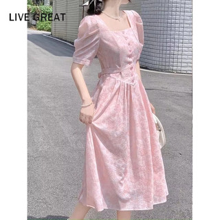 LIVE GREAT    Đầm In Hoa Màu Hồng Buộc Eo Kiểu Pháp Ngọt Ngào Cao Cấp
