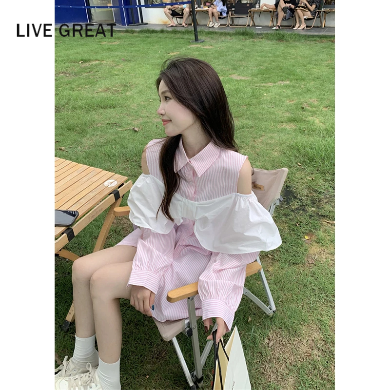 LIVE GREAT Áo Sơ Mi Tay Dài Hở Vai Dáng Rộng Họa Tiết Kẻ Sọc Đính Nơ Xinh Xắn Cho Nữ