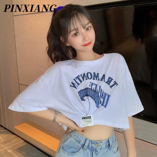 PINXIANG Áo Thun Lửng Tay Ngắn In Chữ Thời Trang Cho Nữ