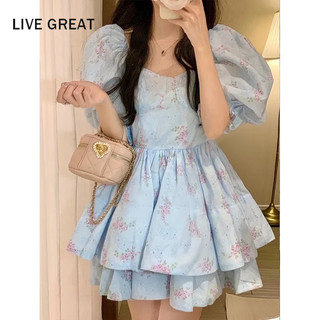 LIVE GREAT Đầm Công Chúa Tay Phồng Cổ Vuông In Hoa Thời Trang Mùa Hè Cho Nữ