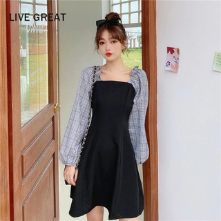 LIVE GREAT  Đầm Dáng Ôm Họa Tiết Kẻ Sọc Caro Phong Cách Pháp Thanh Lịch Cho Nữ