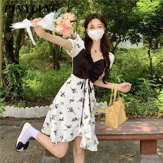 PINXIANG  Đầm mini Cổ Vuông Dáng Chữ A In Họa Tiết Hoa Nhí Xinh Xắn Phong Cách retro Kiểu Pháp Thời Trang Mùa Hè Cho Nữ