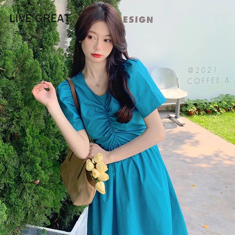 LIVE GREAT Đầm Dáng Chữ A Tay Phồng Thời Trang Thanh Lịch Cho Nữ