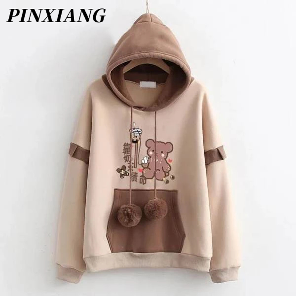 PINXIANG Áo hoodie Vải Nhung Dày Dặn Dáng Rộng In Chữ Kiểu Nhật Hàn Thời Trang Thu Đông Cho Nữ