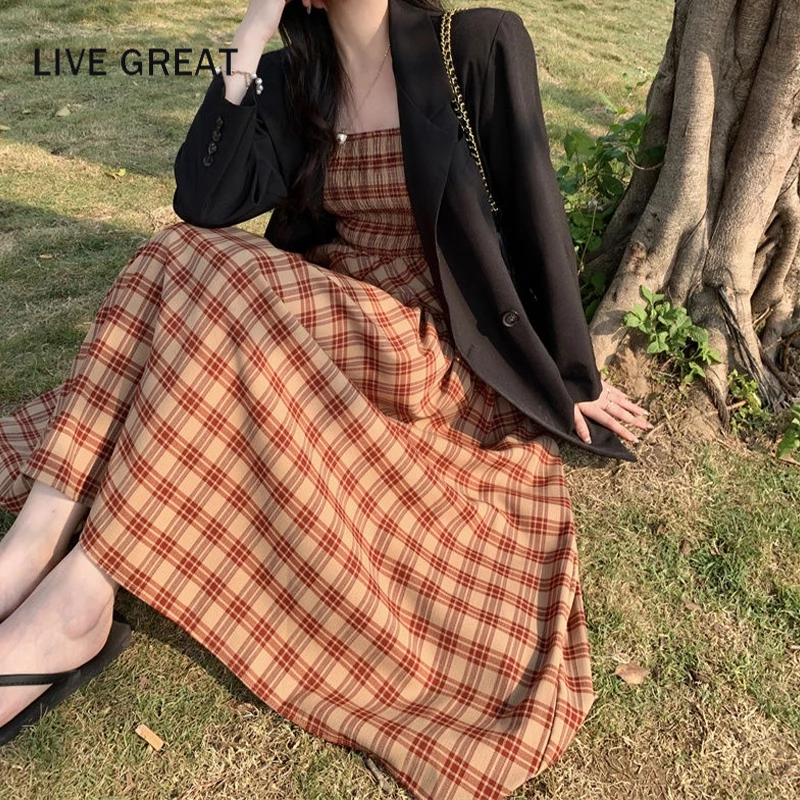 LIVE GREAT  Đầm Hai Dây Dáng Dài Họa Tiết Sọc Caro Ngọt Ngào Thời Trang Cho Bạn Gái