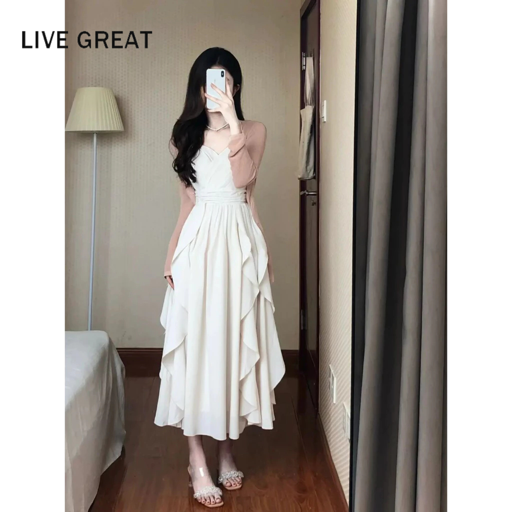 Đầm hai dây LIVE GREAT chiết eo chống nắng phối bèo thời trang Hàn Quốc mới