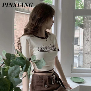 PINXIANG Áo Thun Lửng Tay Ngắn Thời Trang Dành Cho Nữ