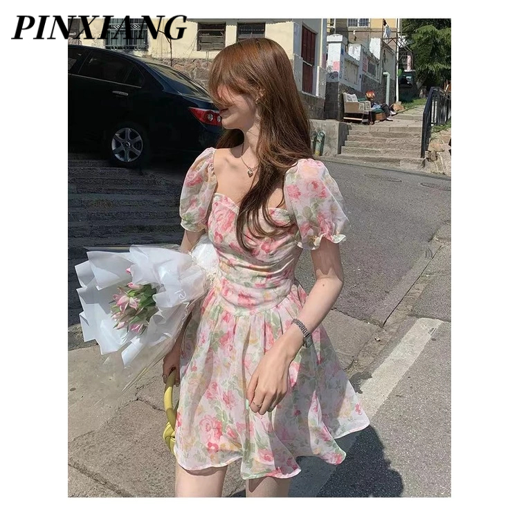 PINXIANG Đầm Ngắn Cổ Vuông Tay Phồng In Họa Tiết Hoa Phong Cách Pháp Thời Trang Cho Nữ