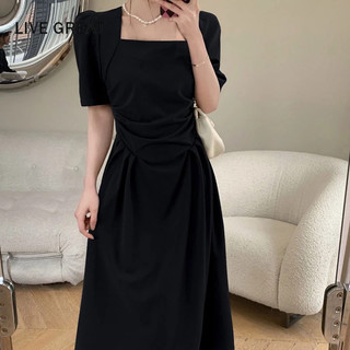LIVE GREAT  Đầm Midi Dáng Ôm Màu Đen Phong Cách Pháp Cổ Điển Thời Trang Cao Cấp