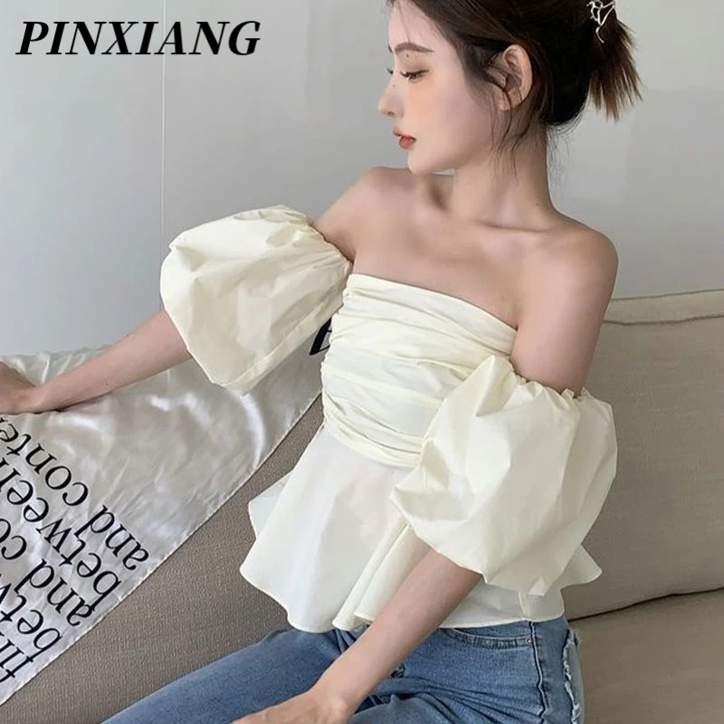 PINXIANG Áo Kiểu Trễ Vai Tay Ngắn Dáng Ôm Phong Cách Pháp Thời Trang Quyến Rũ Cho Nữ