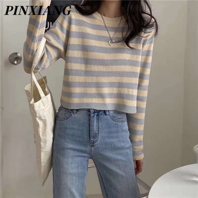 PINXIANG Áo Thun Lửng Tay Dài Họa Tiết Sọc Ngang Thời Trang Dành Cho Nữ