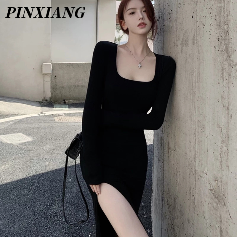 PINXIANG Đầm Cổ Vuông Ôm Eo Xẻ Tà Kiểu Pháp Xinh Xắn Cho Bạn Gái