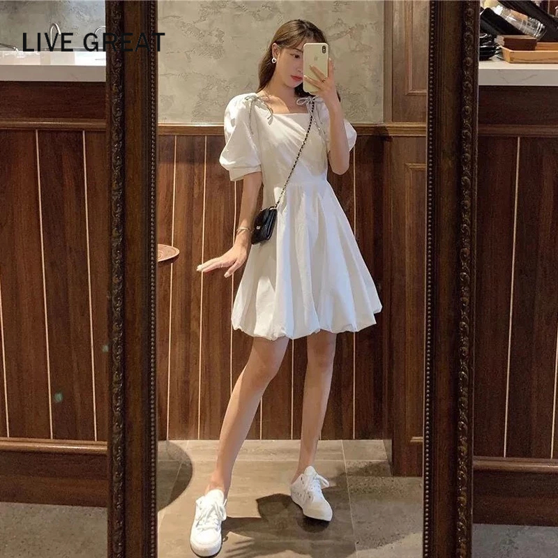 LIVE GREAT Niche Đầm Midi Mỏng Tay Phồng Ôm Eo Thời Trang Mùa Hè Cho Nữ