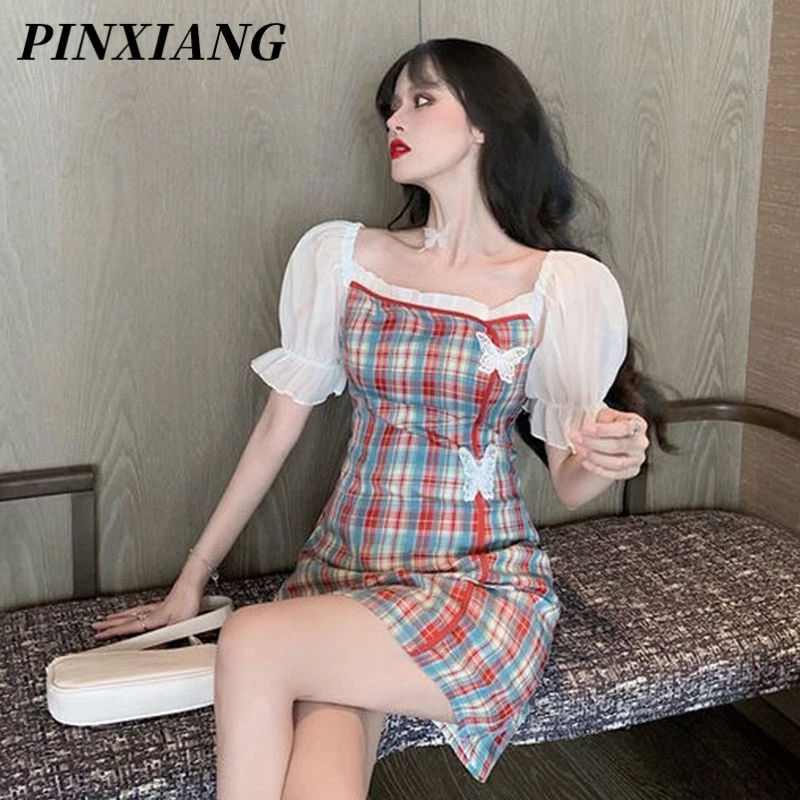PINXIANG Đầm Sườn Xám Trễ Vai Tay Phồng Ôm Dáng Họa Tiết Bướm Phong Cách Nữ Tính